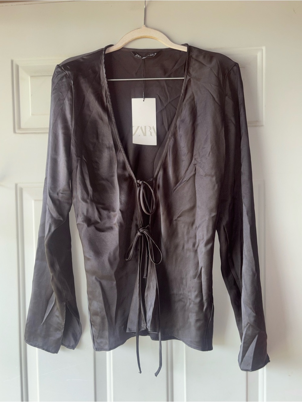 Zara black satin lace up top cardigan size L